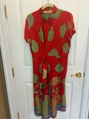 Harari vintage Floral Red Silk Faux Wrap Dress M